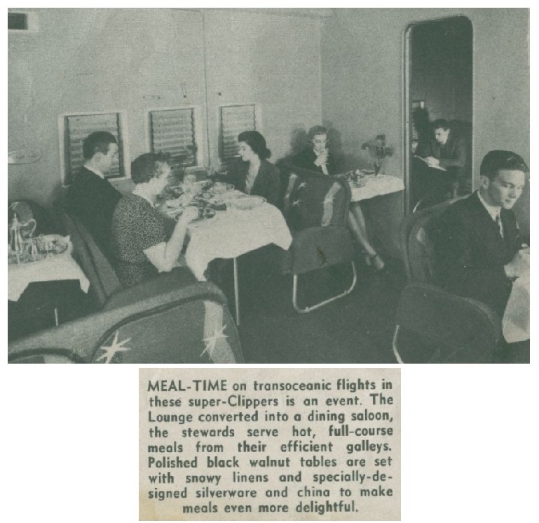 1940s Boeing B314 main lounge in use for passenger dinning